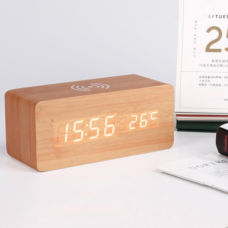Wood LED Digital Alarm Clock With Phone Wireless Charging Pad Snooze Function Sound Control Adjustable Brightness Alarm Clock