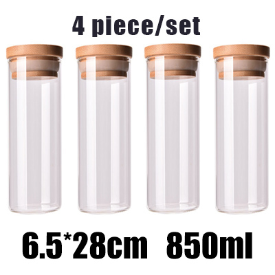 Kitchen Food Storage Transparent Glass Jars with Bamboo Cover Sealed Cans Bottles Spice Jars Candy Box Kitchen Storage Can: 4PCSY6