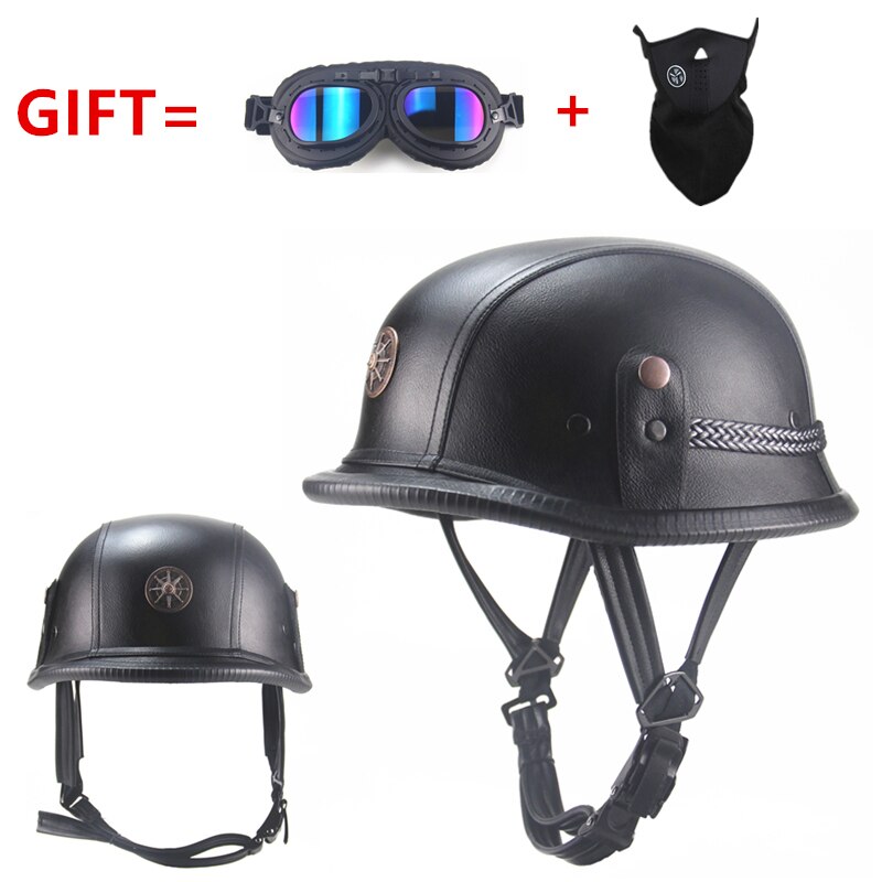 1Pcs Adult Open Face Vintage Half Leather Motorcycle Cycling Helmet 2Colors Available: Black / L