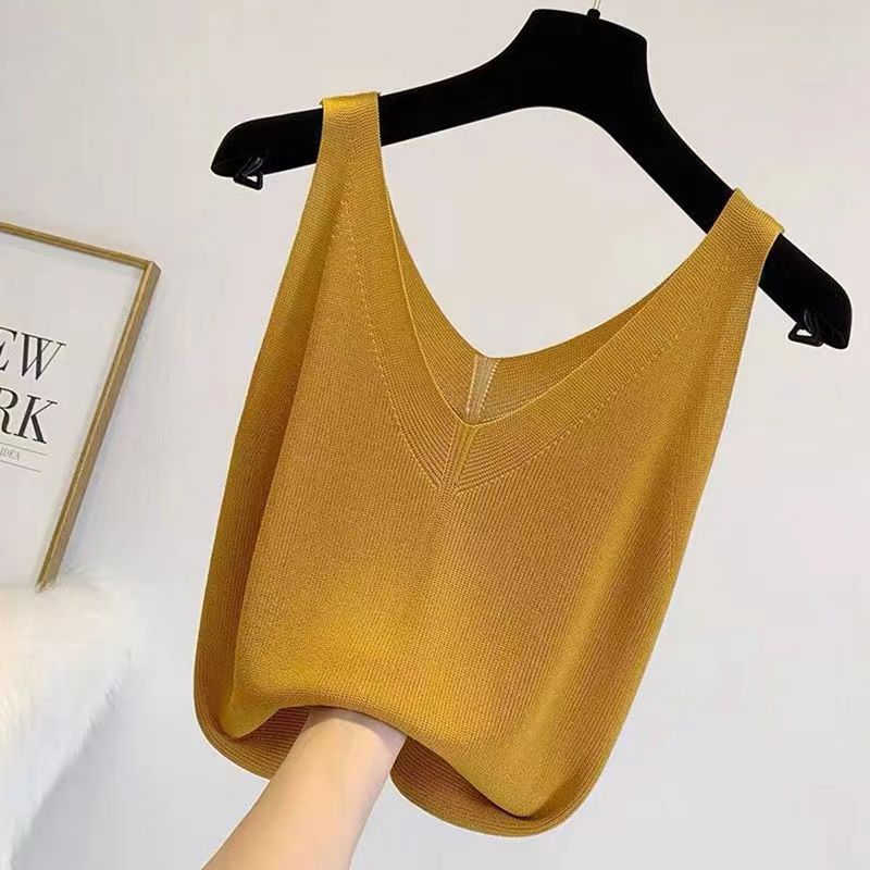 Plus Gebreide Tank Top V-Hals Ijs Zijde Mouwloze 2024 Zomer Kleding Vesten Voor Vrouwen Koreaanse Mode Losse Elegante Casual Cami Top