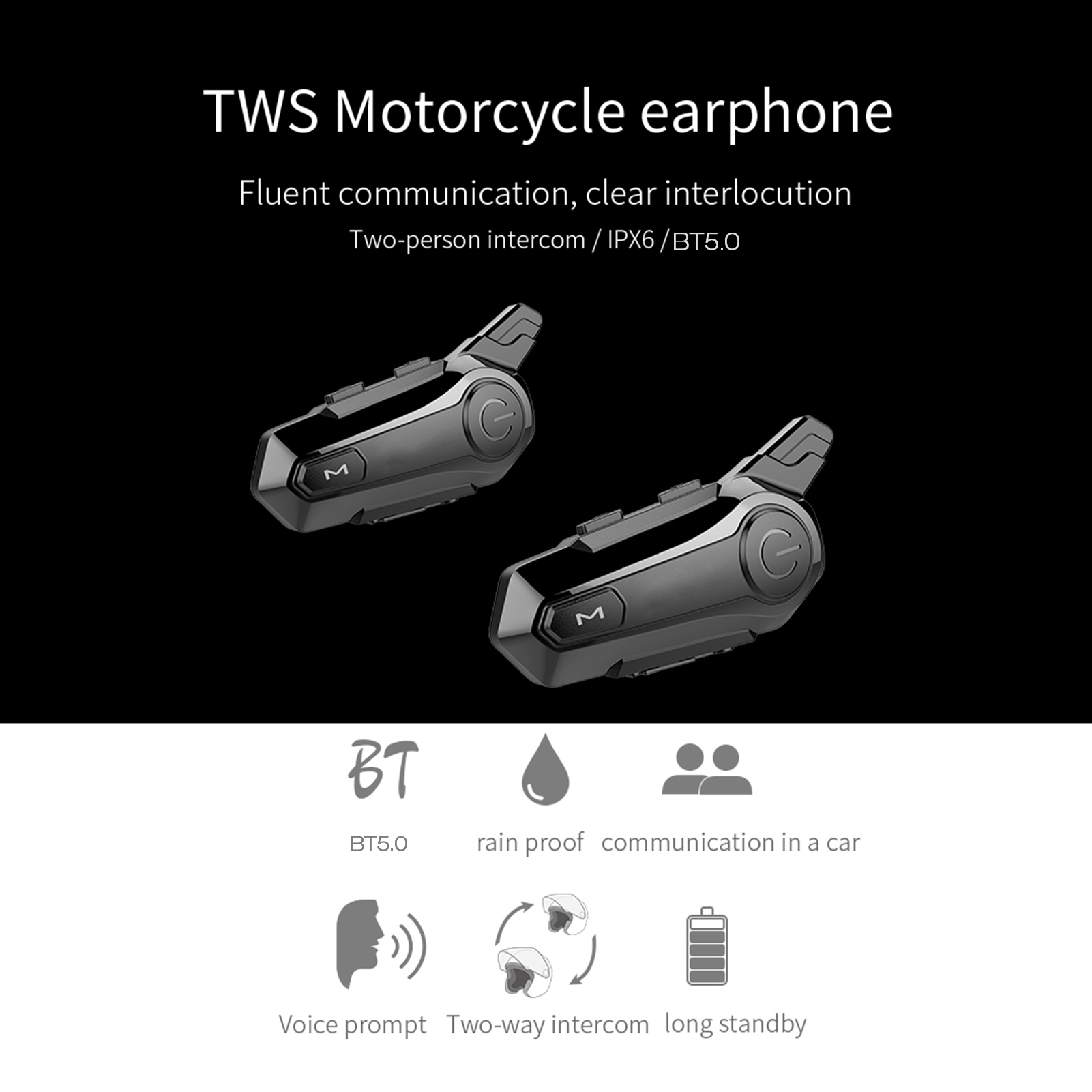 Motorcycle BT Intercom with Helmet BT Headset Waterproof Universal Communication System for ATV Dirt Bike Motorcycle