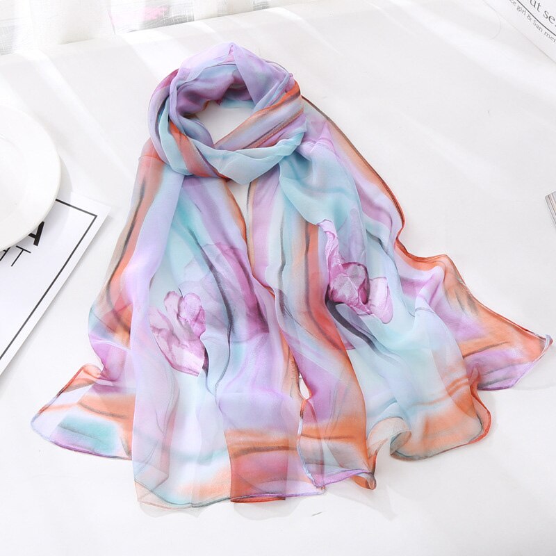 Estampado de flores colores vivos bufanda de seda verano primavera mujeres bufandas fina gasa Hijab tulipán Floral chal Georgette bufanda: 6