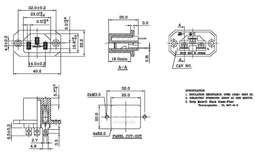 IEC 60320 C13 Power Socket outlet Side Flange and Screw on Mounting solder terminal