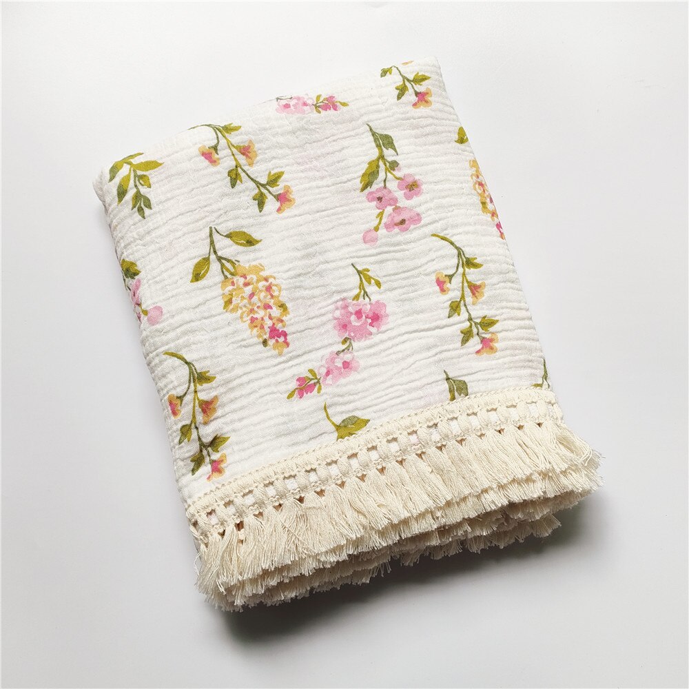 Bebé de muselina de algodón impreso Manta con borla para recibir a recién nacidos bebé gasa de Swaddle niños durmiendo colcha cubierta de cama: flower