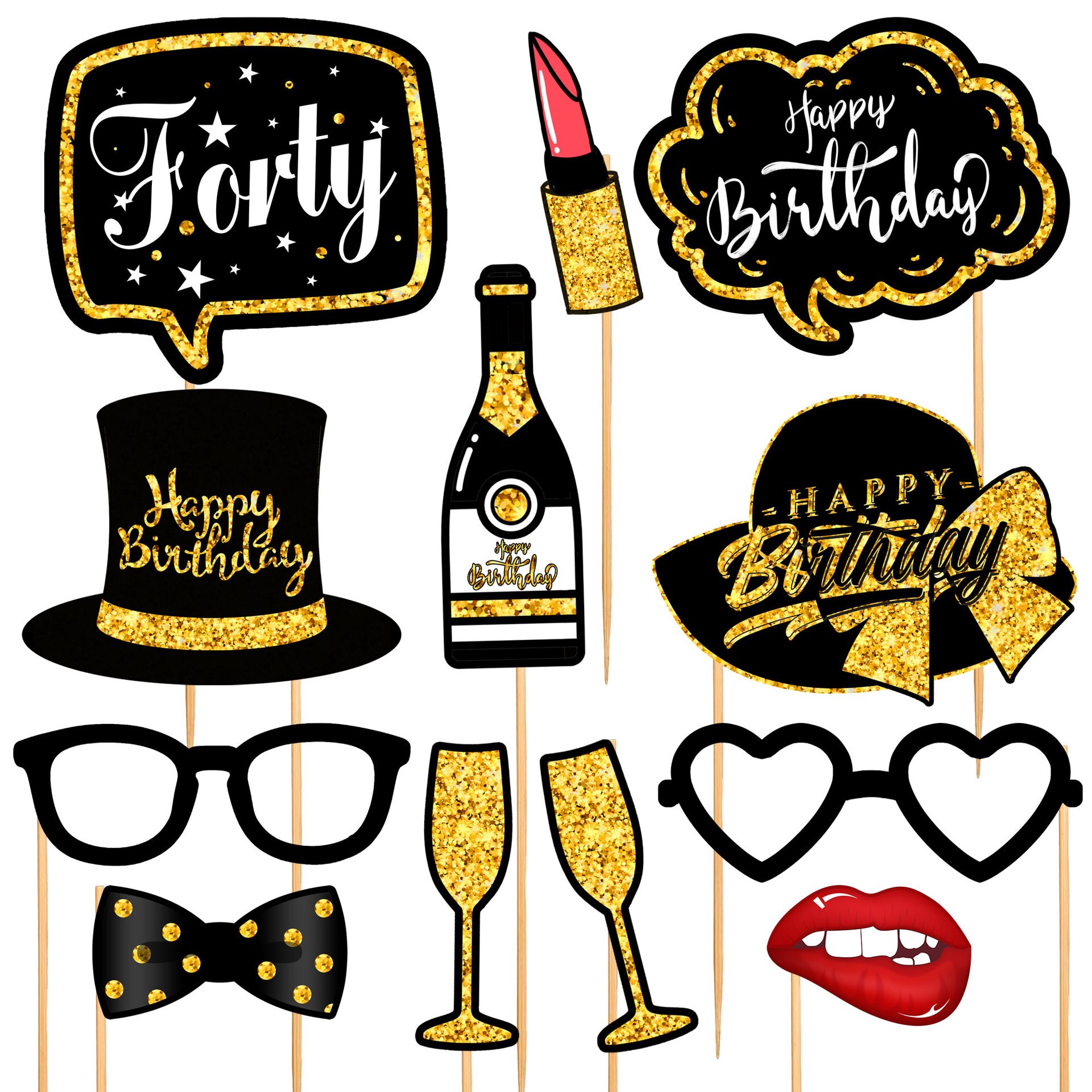 12 Stks/set Zwarte Goud 18 30 40 50 60 Gelukkige Verjaardag Photo Booth Prop Volwassen Verjaardagsfeestje Decoratie Man Vrouw diy Photobooth: 40th