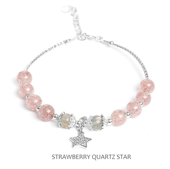 Morango quartzo pulseira moonstone 925 prata esterlina pulseira para mulheres presentes artesanais moda jóias: STRAWBERRY STAR