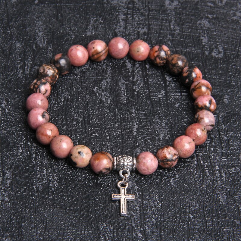 Natuurlijke kaart rhodochrosiet 8mm stenen kralenarmband voor dames, dames, pierre, zilverkleurig, metalen kruis, metalen bedelarmbanden voor dames