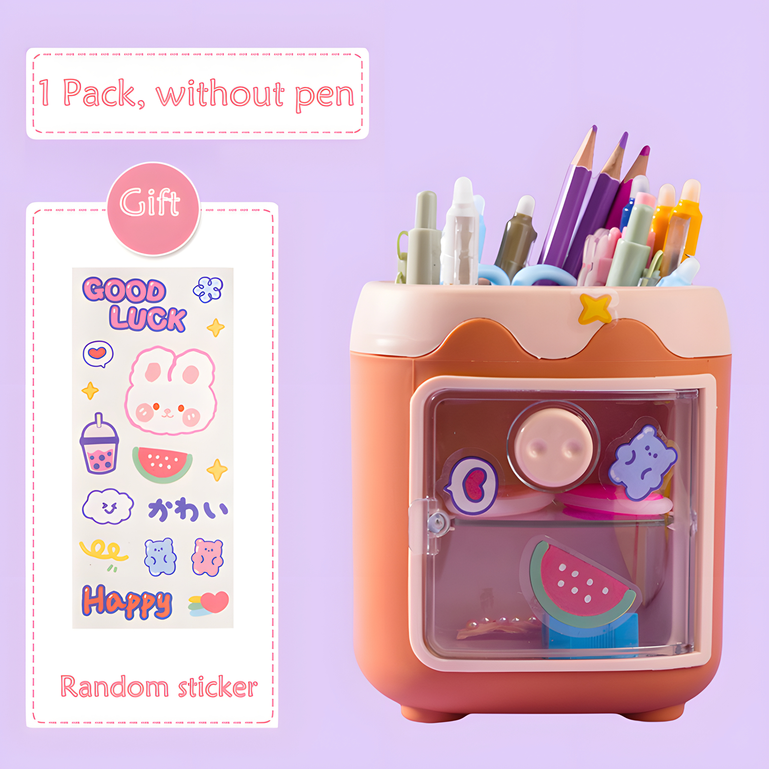 Pen Holder Organizador de Lápis com Gaveta, Cosméticos Maquiagem Brushes Holder para Penteadeira, Pig Nose Cute Pen Holder for Office: laranja