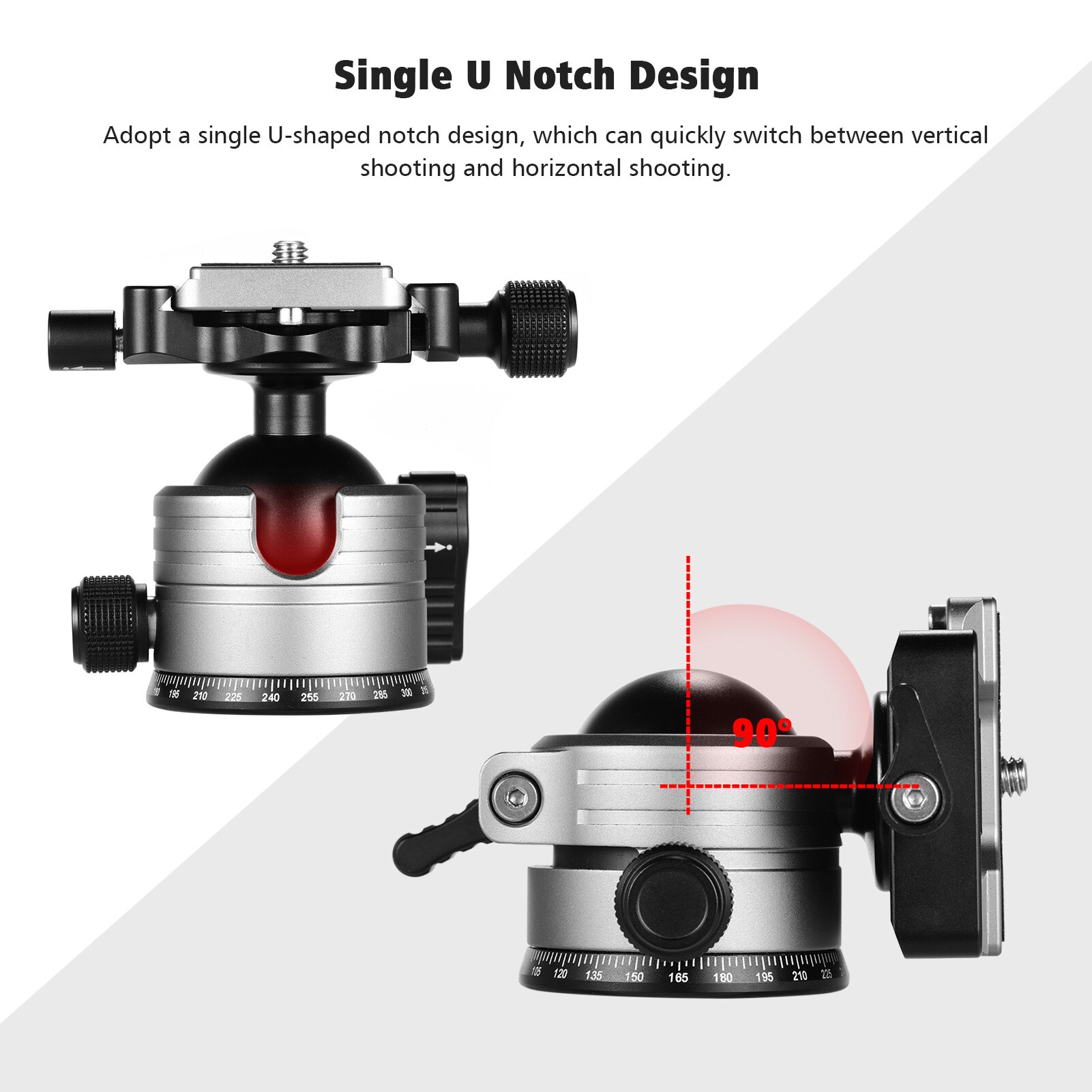 ballhead Aluminum Alloy Dual Panoramic camera Ball tripod Head with 1/4 Inch Screw Mount for DSLR Studio Max. Load 20kg Grey