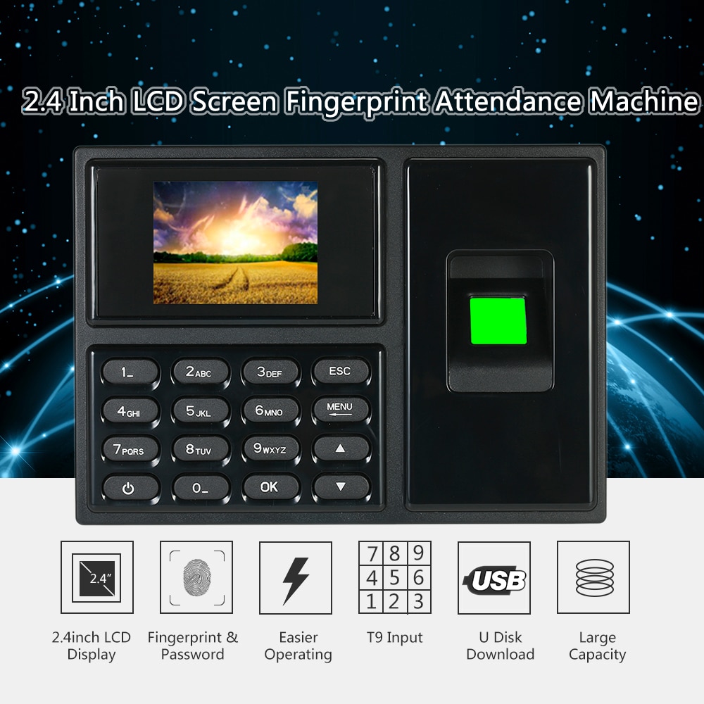 Intelligent Biometric Fingerprint Password Attendance Machine Employee Checking-in Recorder 2.4 inch TFT LCD Screen Time Clock