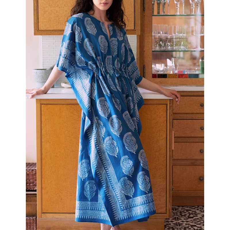 Plus size katoenen cover-ups robe de plage pareo print maxi strand boho jurk badpak cover-ups badpakken dames