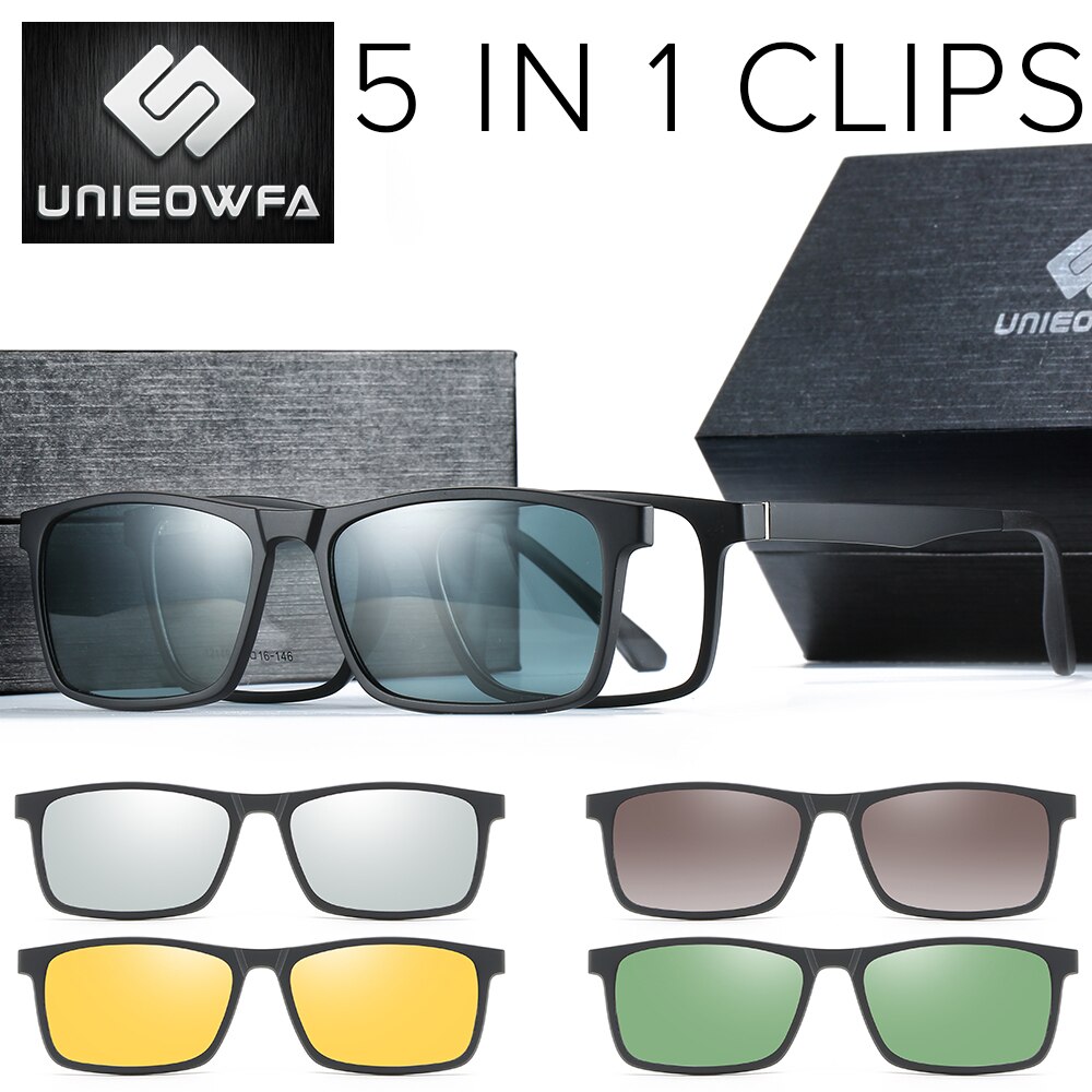 Montura de gafas con Clip magnético para hombre y mujer, lentes ópticas graduadas, montura para miopía, Clip magnético polarizado, UV400: C1 Matte Black Frame