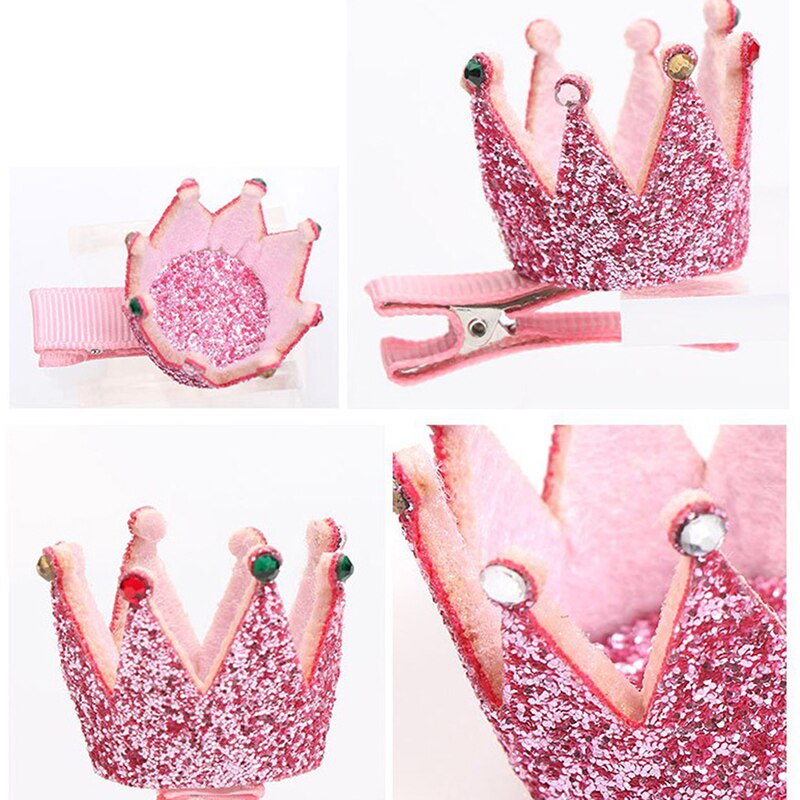 Pinzas para el pelo de corona de cuero sintético brillante, Mini horquilla de cumpleaños para niños, pasador de Tiara de princesa brillante rosa, plateado y dorado