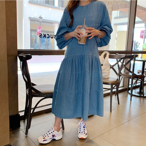 SuperAen luźna na co dzień długa obcisła solidna latarnia rękaw w połowie łydki sukienki damskie