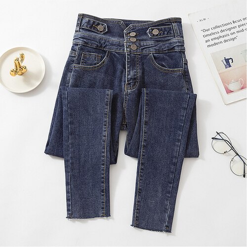 Skinny jeans voor dames, hoge taille, drie knopen, zwarte denim potloodbroek voor dames, koreaanse chique lange jeans voor dames: Blauwgrijs / Xl