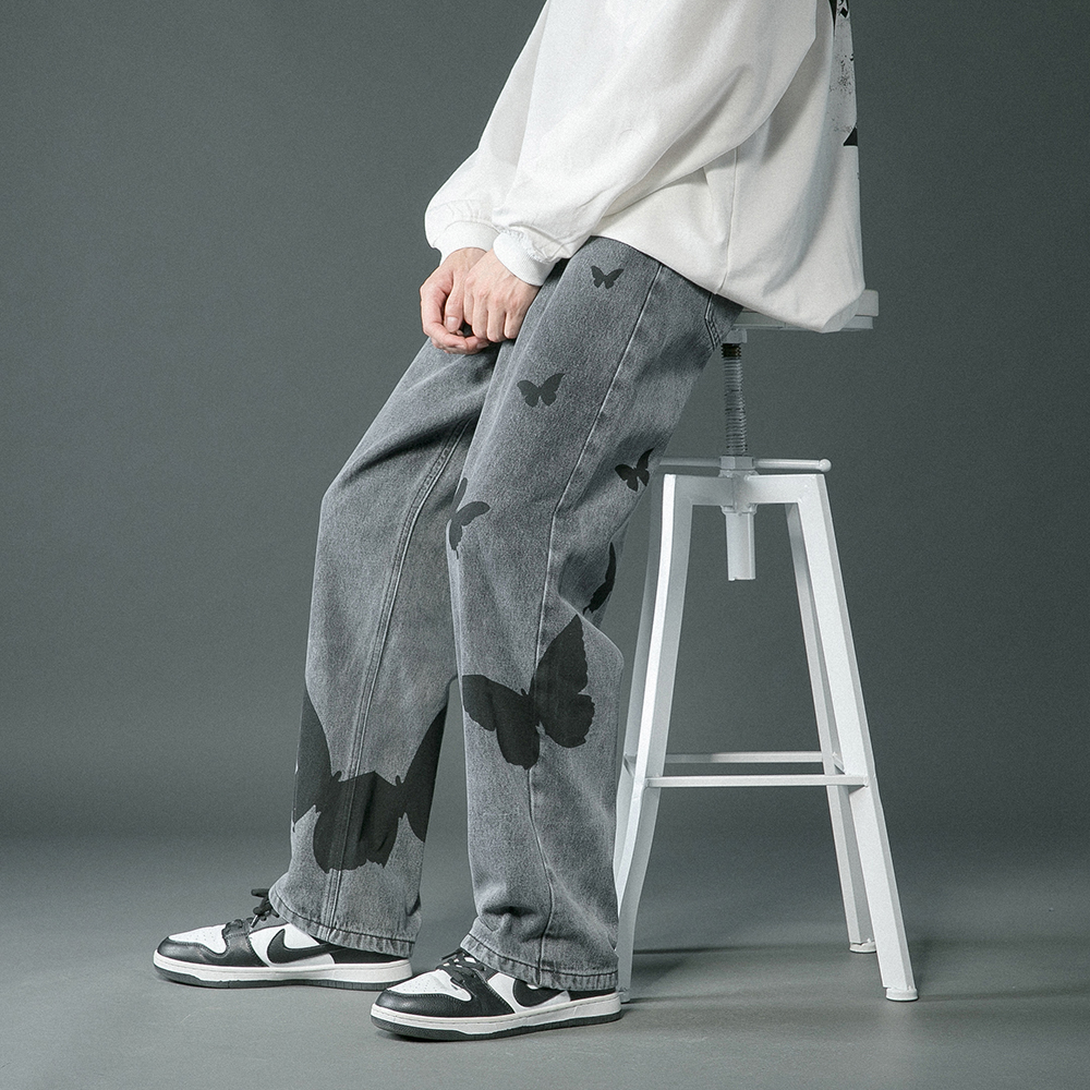 2022 Butterfly Print Jeans Men Pants Loose Baggy Jeans Casual Denim Pants Streetwear Straight Trousers Women Clothing