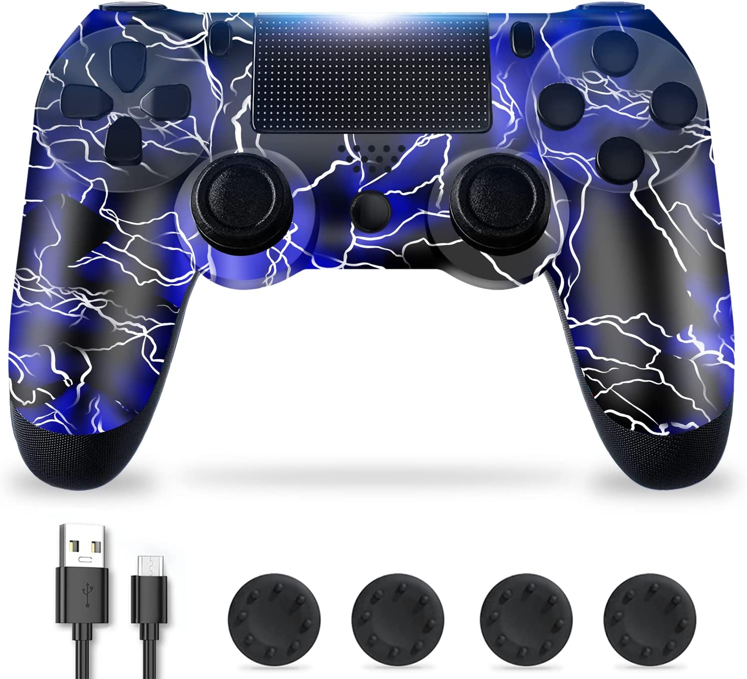 Mando PS4, Mando Inalámbrico para Playstation 4, Controlador Inalámbrico Gamepad Doble Vibración para Playstion 4, Bluetooth Joystick PS4 con Cable y Agarres para el Pulgar: Azul