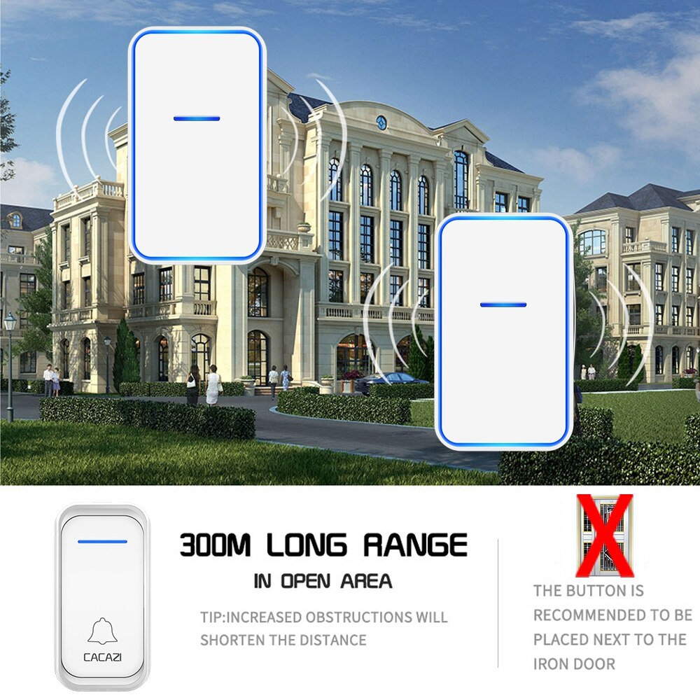 CACAZI Home Welkom Draadloze Deurbel Waterdicht 2 Knop 1 Ontvanger US EU UK AU Plug 300M Remote Call Deur bell Draadloze Chime