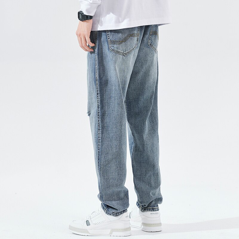 Pantalones vaqueros rasgados para hombre, Jeans holgados de pierna ancha, ropa de calle, Retro, azul, de