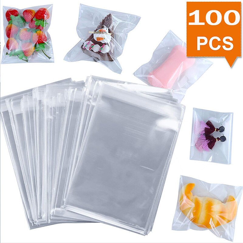 100pcs Transparent Plastic Bags Self Sealing Food Wrap Jewelry Small Bags Home Packaging Storage Kitchen Accessories Pouches