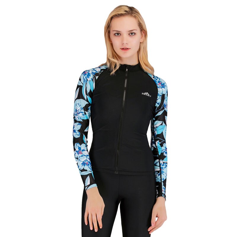 2- delt sæt langærmet dame lynlås rashguard uv-beskyttelse surfedragt badetøj rash guard skjorte og leggings dykkerskind