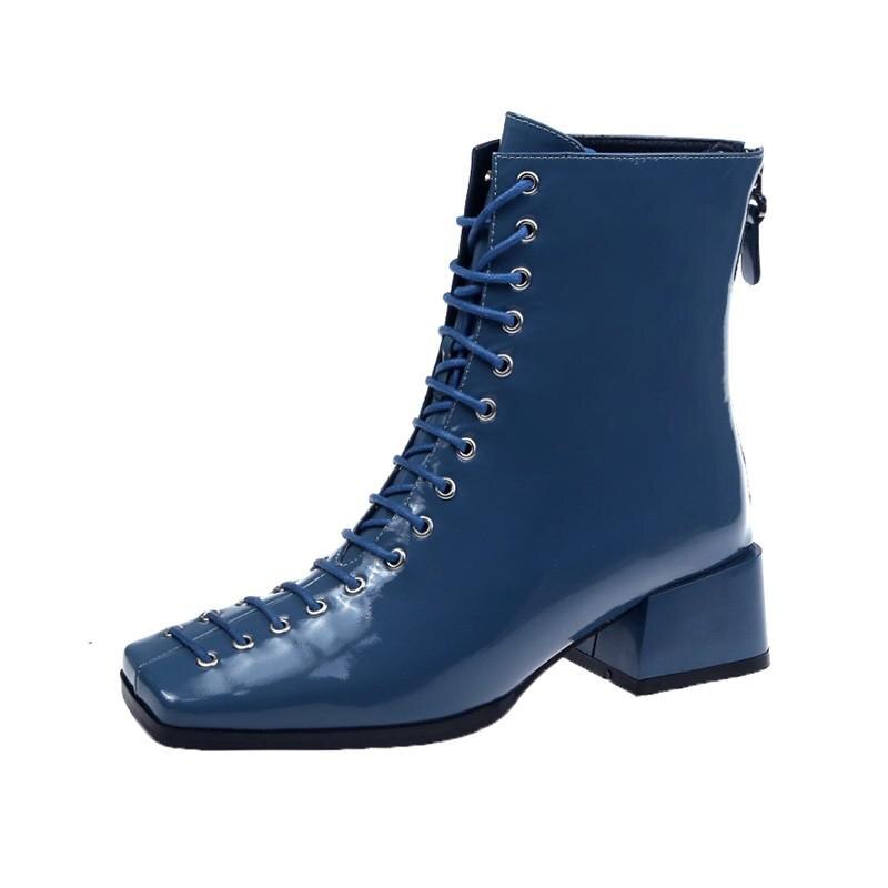 Kwadratowe Toe botki damskie modne niebieskie lakierki sznurowane średnio wysokie buty w stylu brytyjskim rozmiar 35-40: Blue / 40