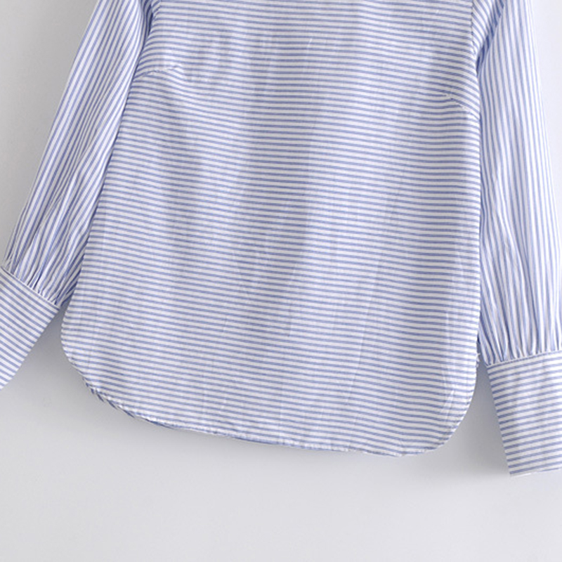 JuneLove primavera mujer casual rayas blusa femenina azul o cuello camisa de manga larga básica blusas