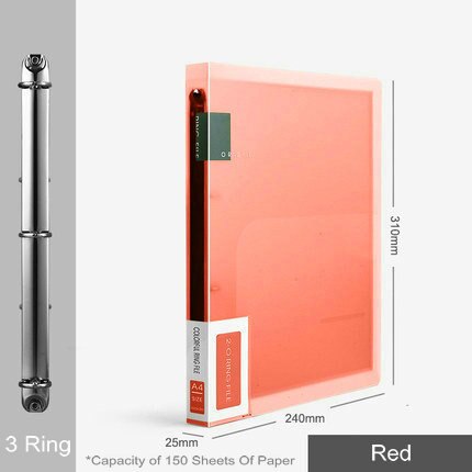 Carpeta de archivos con 3 anillas de colores, organizador de papel A4, 2 anillas transparentes, fundas organizadoras de documentos, carpeta de PVC A4: 3 Ring    Red