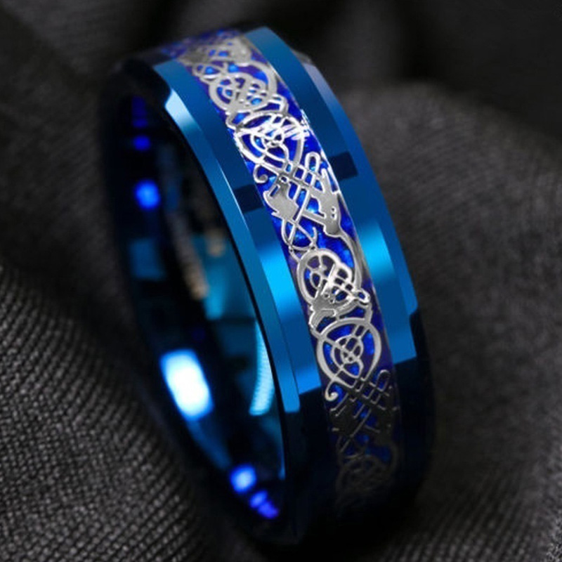 Mode Blauwe Tungsten Carbide Ring Dragon Blauw Carbon Fibre Mannen Ring Voor Vrouwen Bruiloften Klassieke Minnaar Paar Ringen