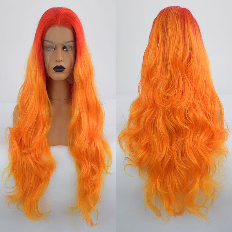 Bombshell Red Ombre amarillo, Peluca de pelo sintético naranja con malla frontal Body Wave fibra resistente al calor pelo División media para peluca de mujer