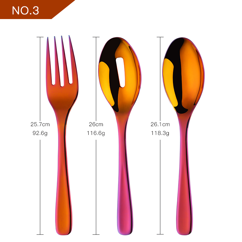 3Pcs/set 18/8 Stainless Steel Gold Flatware Big Size Long Handle Serving Salad Spoon/Fork/Colander Salad Set Kitchen Utensils: rainbow NO.3