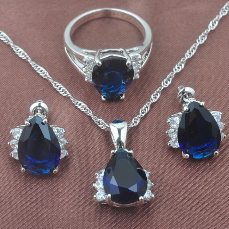 Vrouwen Bruiloft Sieraden Blue Water Zirconia Zilver Kleur Sieraden Sets Ketting Hanger Oorbellen Ringen Beste TZ0255