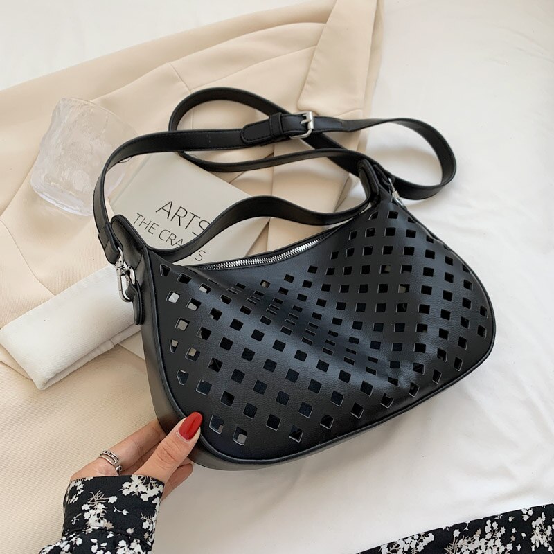Handtassen Vrouwen Tassen Set Green Vintage Leather Schoudertassen Sac Vrouwelijke Holle Out Crossbody Tas Zomer Toevallige Tote: black