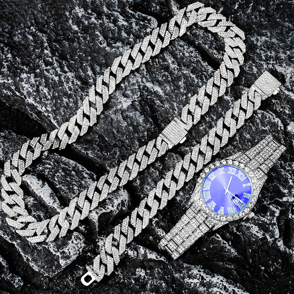 Reloj de cadena cubana de 16MM para hombre, Hip Hop, 3 uds., Miami, diamantes de imitación pavimentados, rapero, collar cubano, traje, reloj + pulsera, joyería: 45 cm / Bañado en rodio de imitación