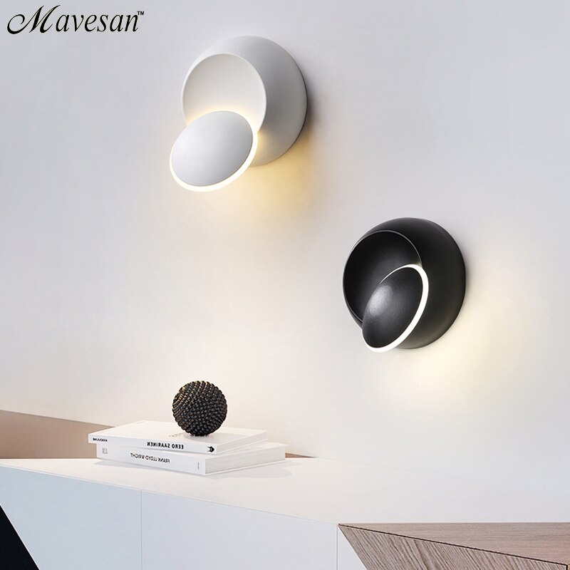 Led væglampe 360 graders rotation justerbar sengelampe hvid og sort væglampe sort moderne midtergang rund lampe