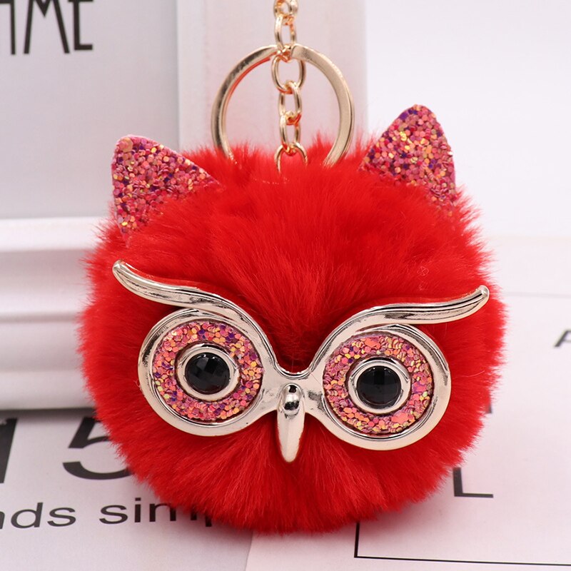 Jóias festa de casamento presente bonito meninas fofo pele coruja chaveiro feminino pompom coruja chaveiro no saco do carro feminino: RD