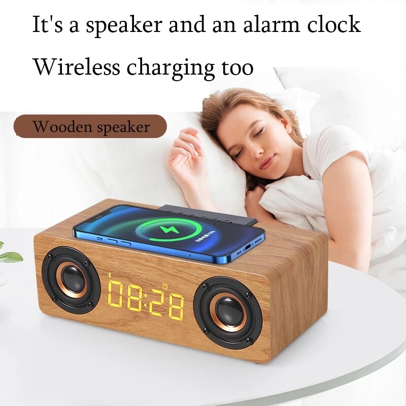 Home theater wooden TV sound bar computer bluetooth speaker subwoofer Fm radio Wireless charging Alarm clock caixa de som