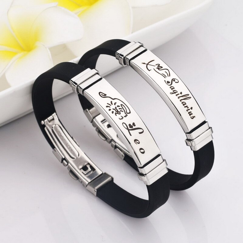 LOULEUR Silicone Zodiac Sign Bracelet for Men Women Stainless Steel Clasps Gemini Scorpio Zodiac Virgo Bracelet Men Jewelry