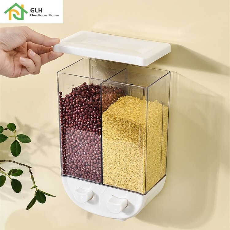 2L Kitchen Whole Grains Cereal Dispenser Divided Sealed Storage Tank 2 Grids Wall-Mounted Food Storage Containers