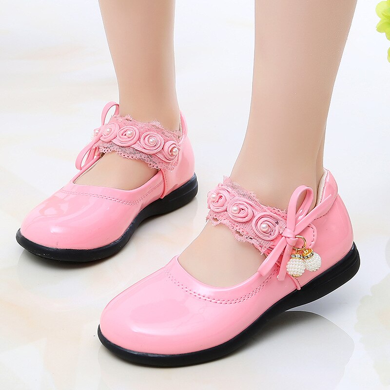 Princess Flowers Bow Little Girl Dress Big Kids Bead Leather Shoes Children'S Wedding Party Shoes 3 4 5 6 7 8 9 10 11 12