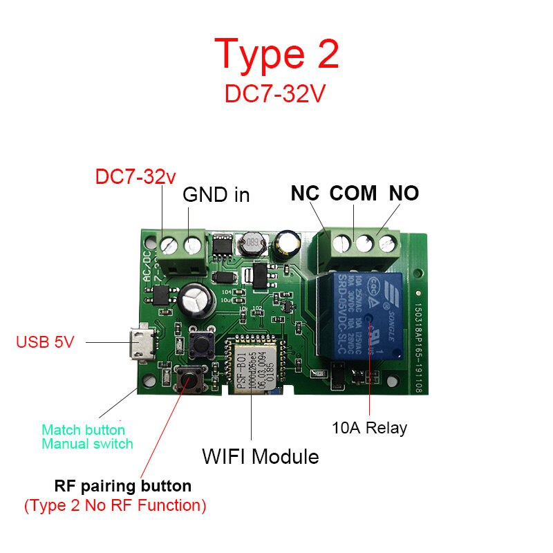 Ewelink wifi switch  dc 5v 12v 24v 32v inching/self-locking wireless relay smart home automation døradgang fjernbetjening: Type 2dc 7-32v