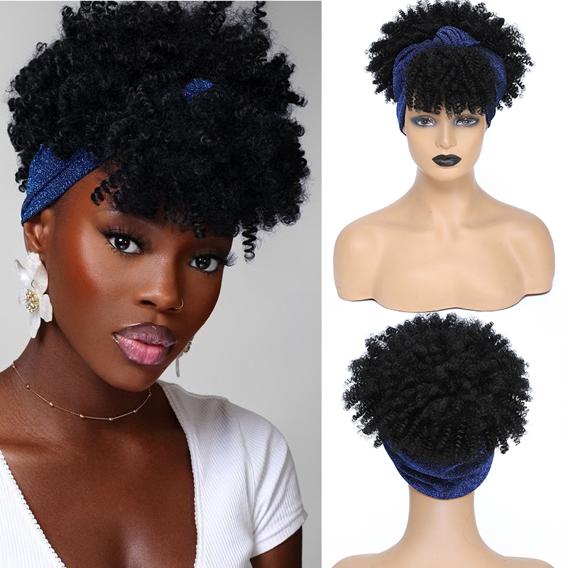 Afro Kinky Curly Headband Wigs Short Fluffy Curly Scarf Wig with Bangs Natural Synthetic Afro Curly Head Band Wig Cosplay: T1B/613