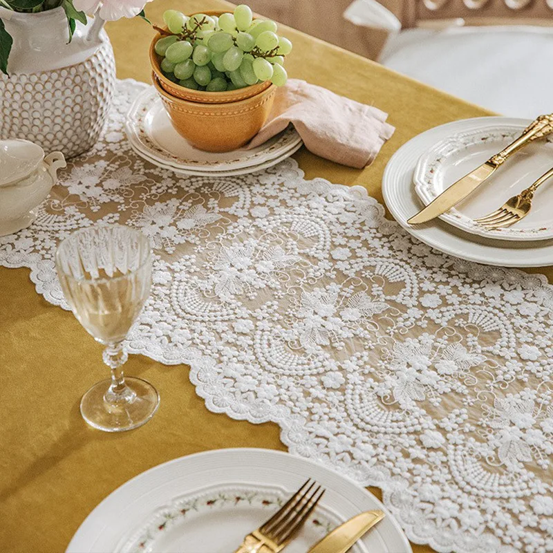 Geborduurde bloemenkant tafelloper, Boho kanten tafelkleed, vintage witte eettafeldecoraties tafelkleed voor huwelijksfeest