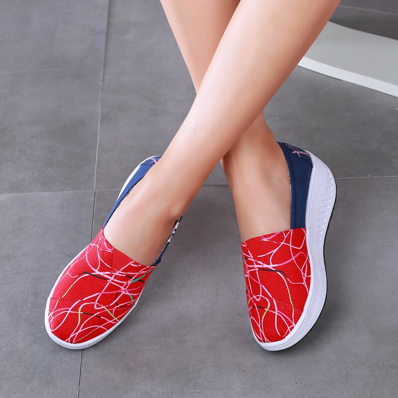 Women Breathable Canvas Shoes Slip On Summer Platforms Wedges Height Increasing Slimming Toning Walking Swing Shoes