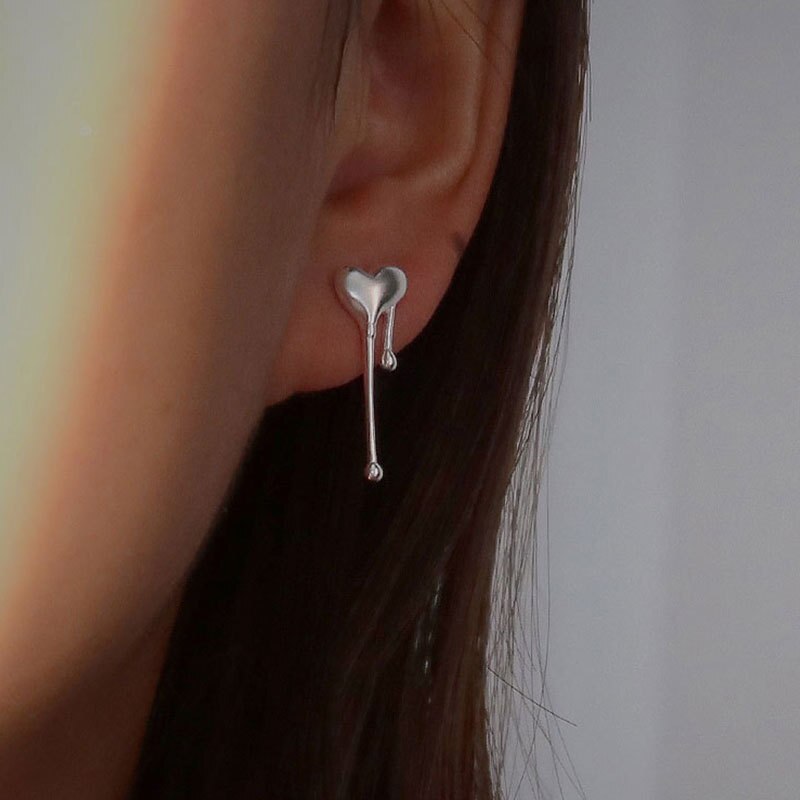 Echt 925 Sterling Zilveren Asymmetrische Liefde Hart Stud Oorbellen Minimalistische Teardrop Earring Hypoallergeen Sieraden Voor Vrouwen