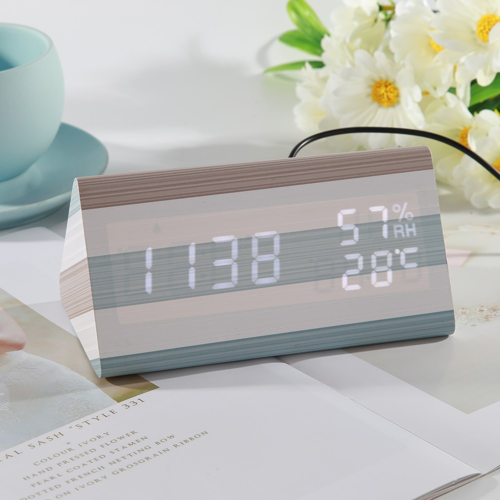 Wooden Digital LED Alarm Clock Adjustable Sound Control Temperature Humidity Table Watch Home Bedroom Desktop Decor