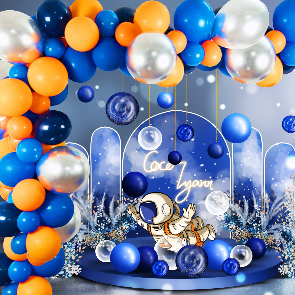 Outer Space Party Birthday Balloons Orange Navy Blue Chrome Silver Balloons Arch Garland for Kids Birthday Party Decor Baby Show