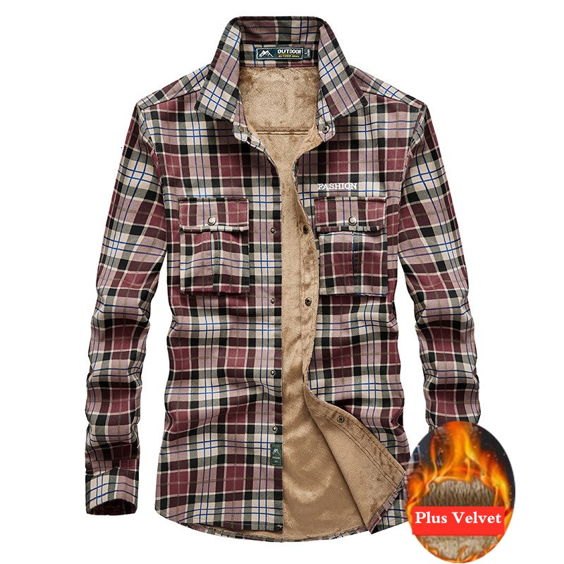 Mens Plus Velvet Warm Fleece Plaid Shirt Herfst Winter Dikke Winddicht Outdoor Wandelen Sport Shirt 4XL Grote Size Thermische Shirts