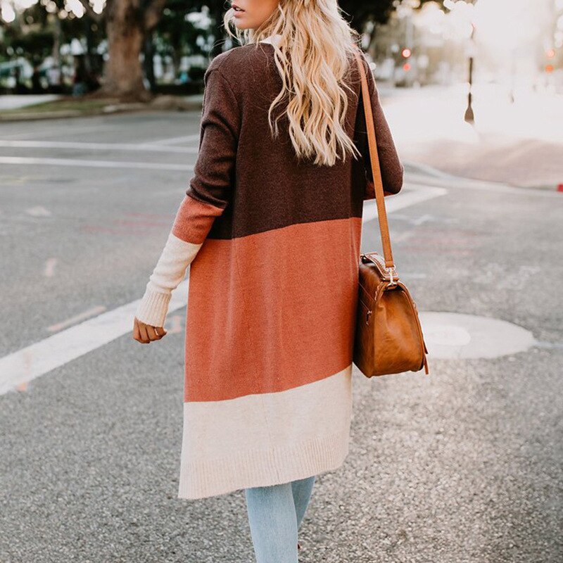 Ouvert Devant Trois Couleurs Bande Épissage Pull Long Cardigan Survêtement