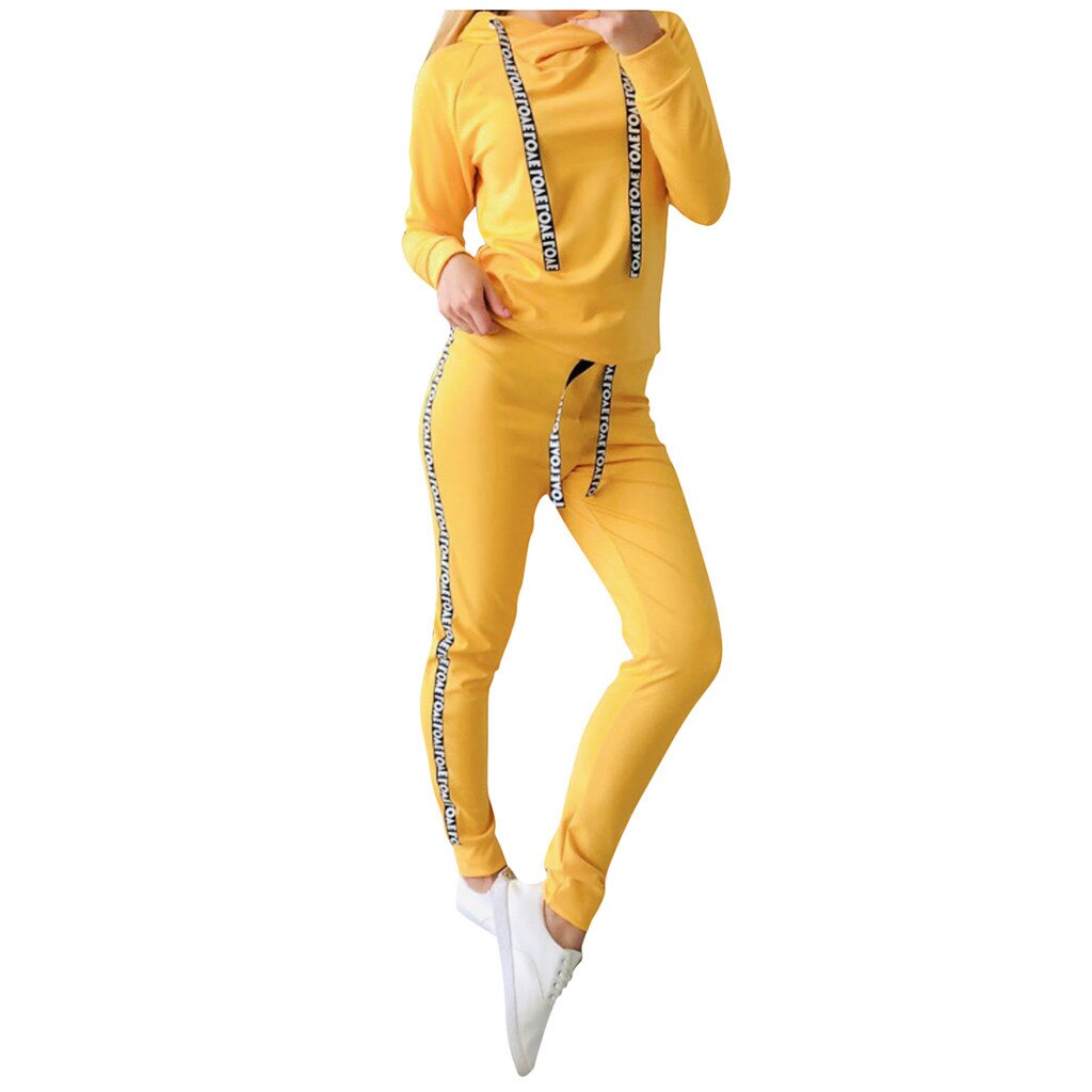 Chalaza Suit Set Women Tracksuit Two-piece Style Outfit Sweatshirt Sport Wear: Yellow / XL